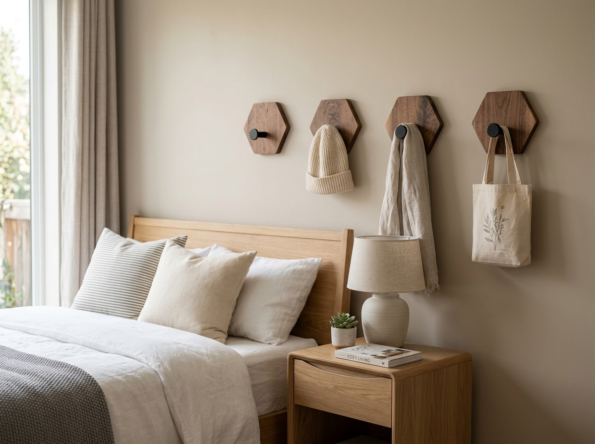 decorative walnut wood adhesive hooks on a neutral wall - adhesive wall hooks