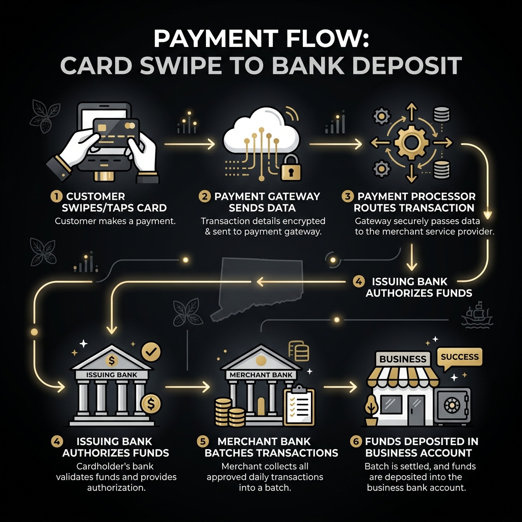 Infographic showing merchant service payment flow from customer card swipe to business bank deposit - credit card processing Infographic showing merchant service payment flow from customer card swipe to business bank deposit - credit card processing