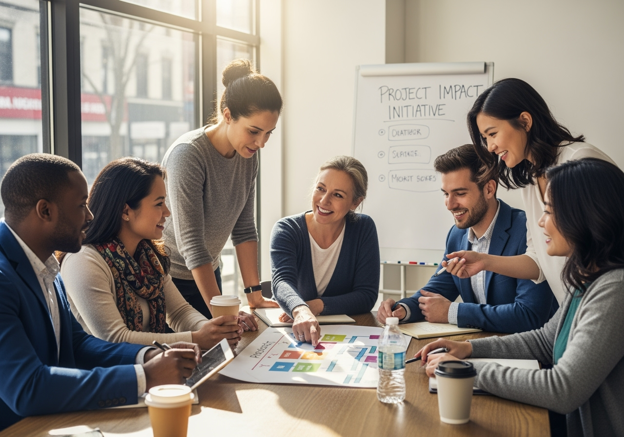 a team collaborating with a local nonprofit leader - csr initiatives examples