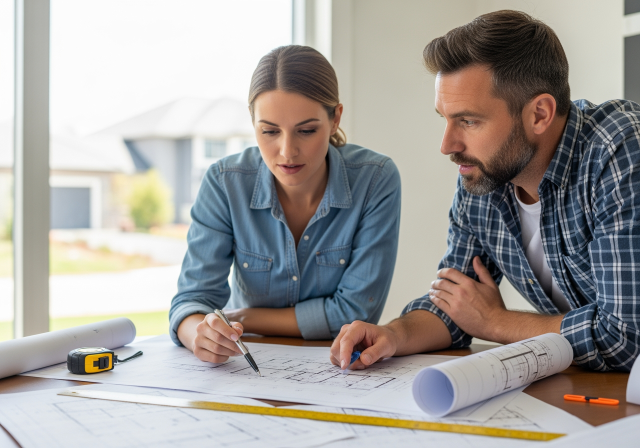 homeowner collaborating with a contractor over blueprints - home renovation project management