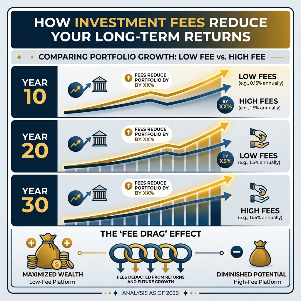 infographic showing how investment fees reduce long-term portfolio returns over 10, 20, and 30 years - free online trading