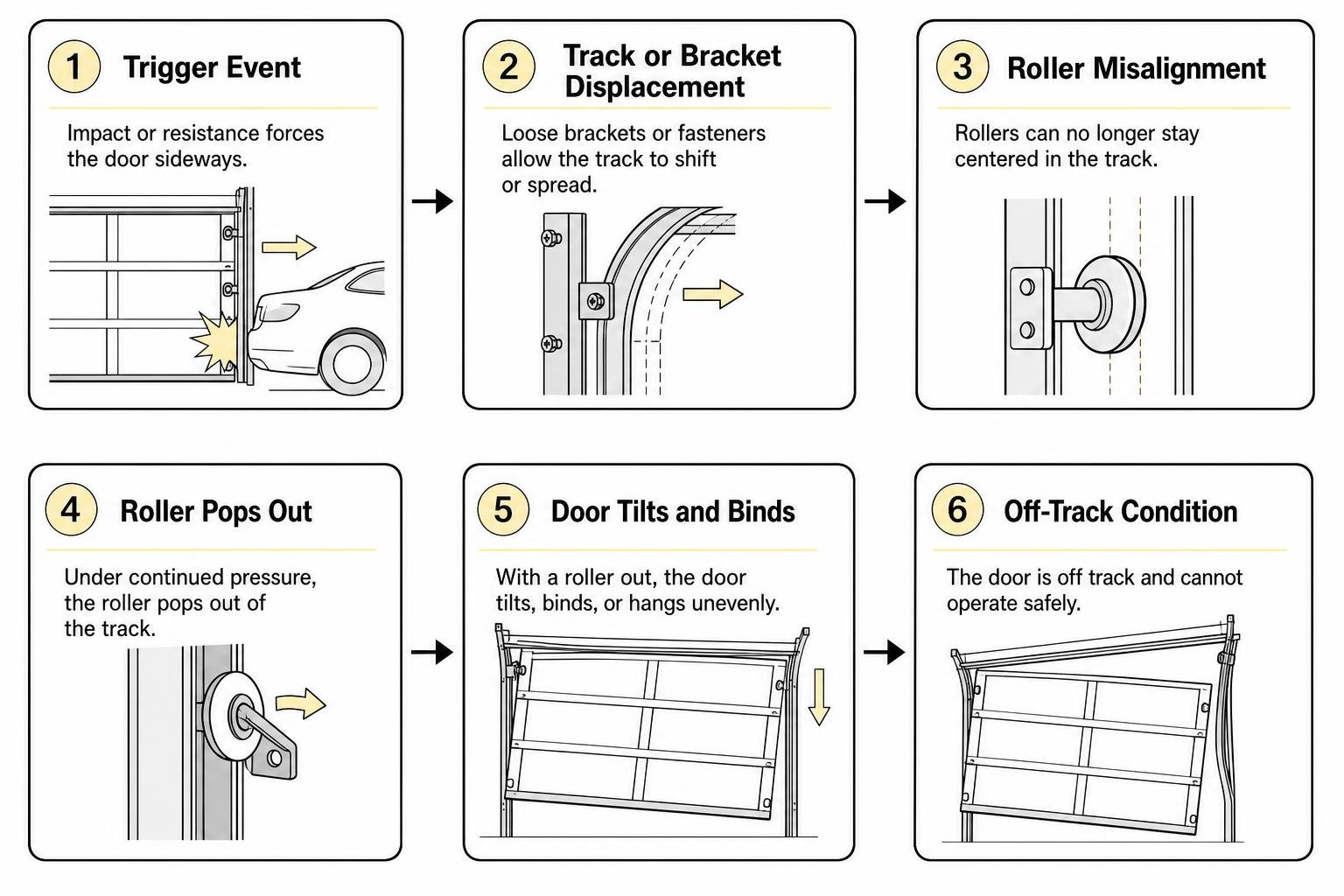 Diagram illustrating the sequence of events causing garage door track derailment