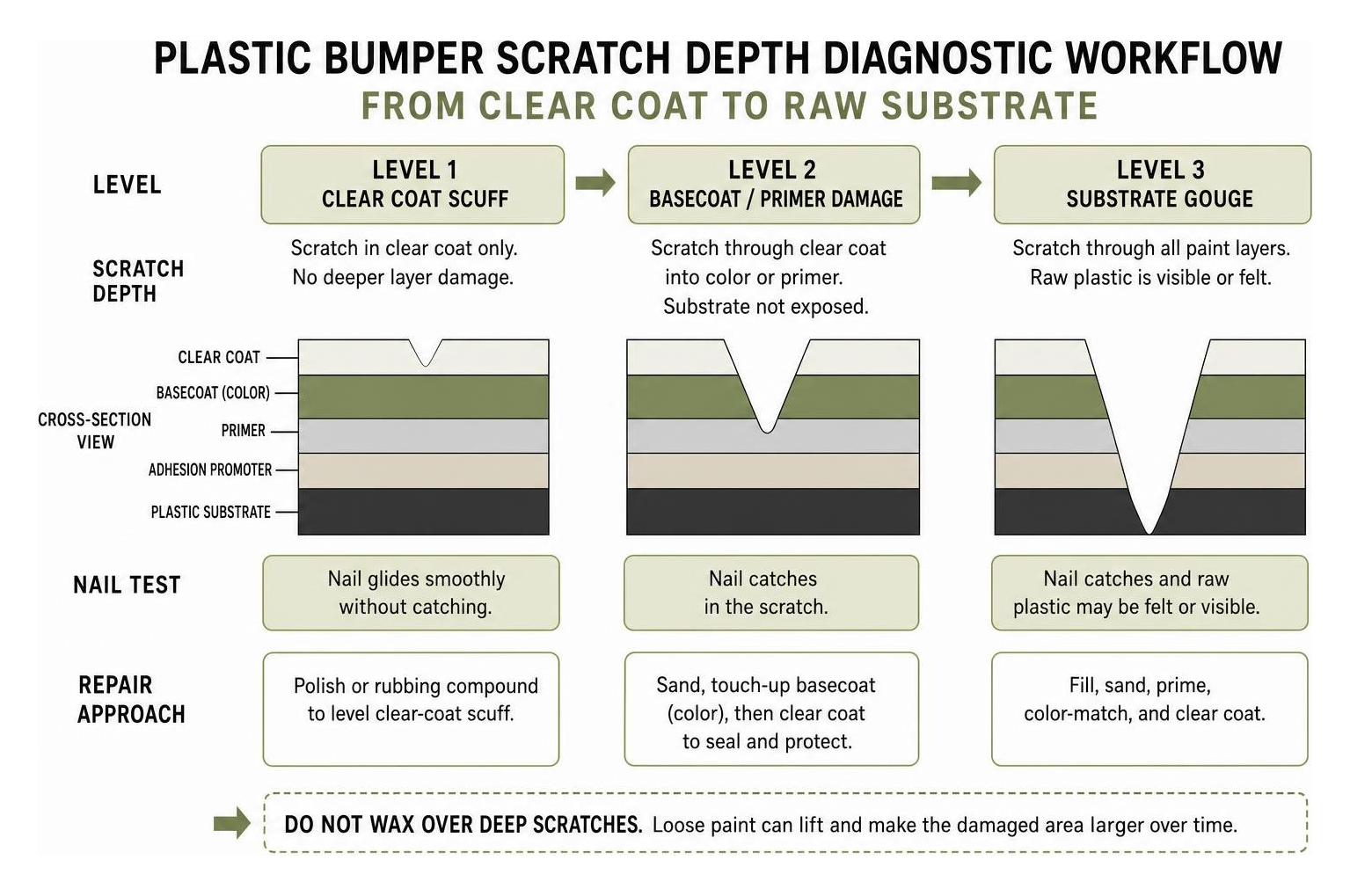 Plastic bumper scratch depth diagnostic workflow from clear coat to raw substrate Plastic Bumper Scratch Depth Diagnostic Workflow From Clear Coat To Raw Substrate