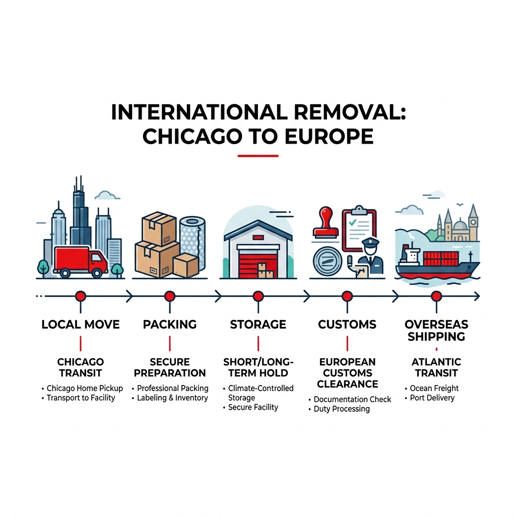 Stages of international removal from Chicago to Europe: local move, packing, storage, customs, overseas shipping - chicago Stages of international removal from Chicago to Europe: local move, packing, storage, customs, overseas shipping - chicago