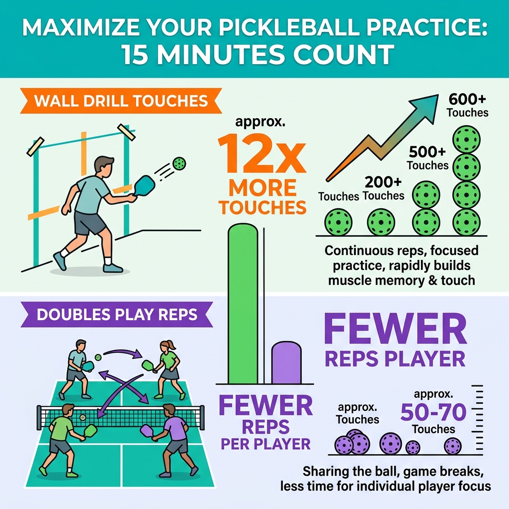 Infographic comparing wall drill touches vs doubles play reps per 15 minutes - pickleball wall drill infographic Infographic comparing wall drill touches vs doubles play reps per 15 minutes - pickleball wall drill infographic