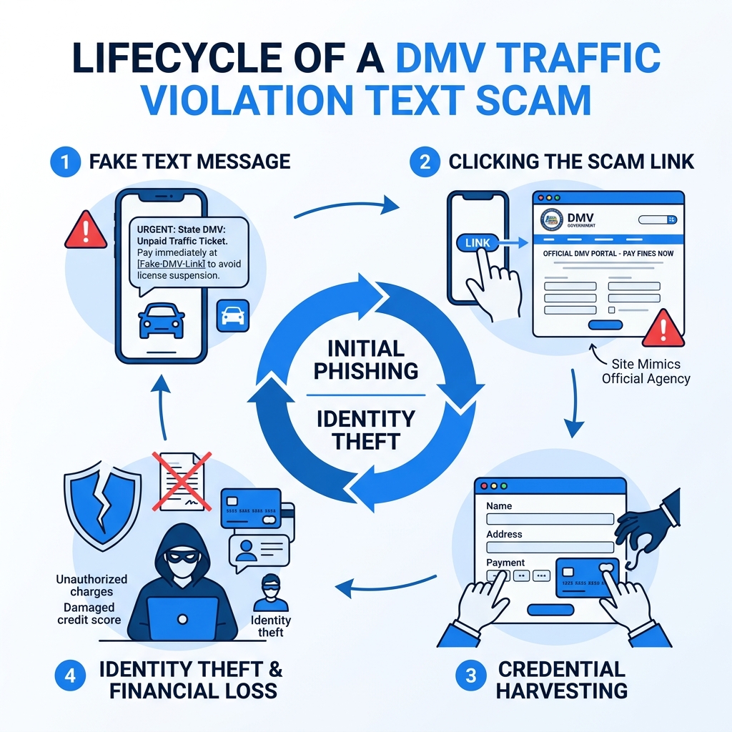 Lifecycle of a text-based DMV unpaid traffic violation scam from fake text to identity theft - unpaid traffic violation text Lifecycle of a text-based DMV unpaid traffic violation scam from fake text to identity theft - unpaid traffic violation text