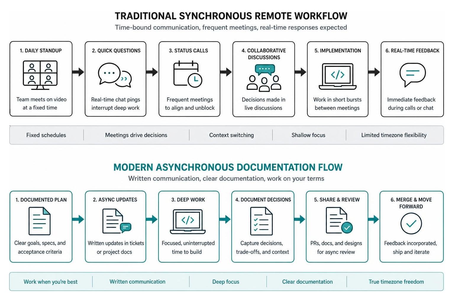 Diagram showing traditional synchronous remote communication versus modern asynchronous documentation flows