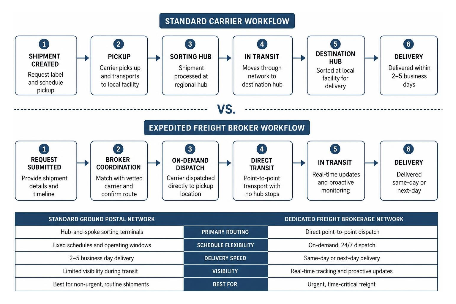 Commercial ground courier logistics workflow standard carrier vs expedited freight broker Commercial ground courier logistics workflow standard carrier vs expedited freight broker