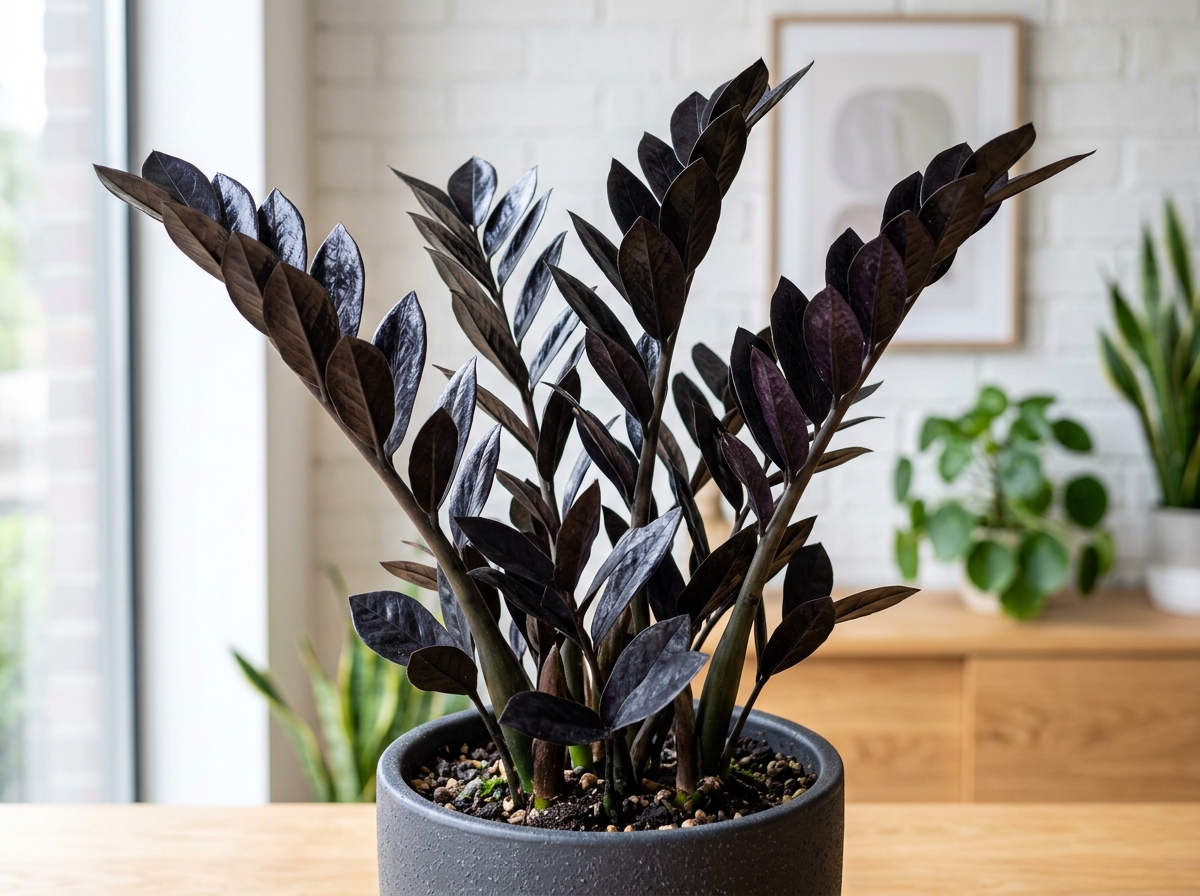 A striking Raven ZZ plant with its signature near-black foliage - ZZ plant low maintenance air