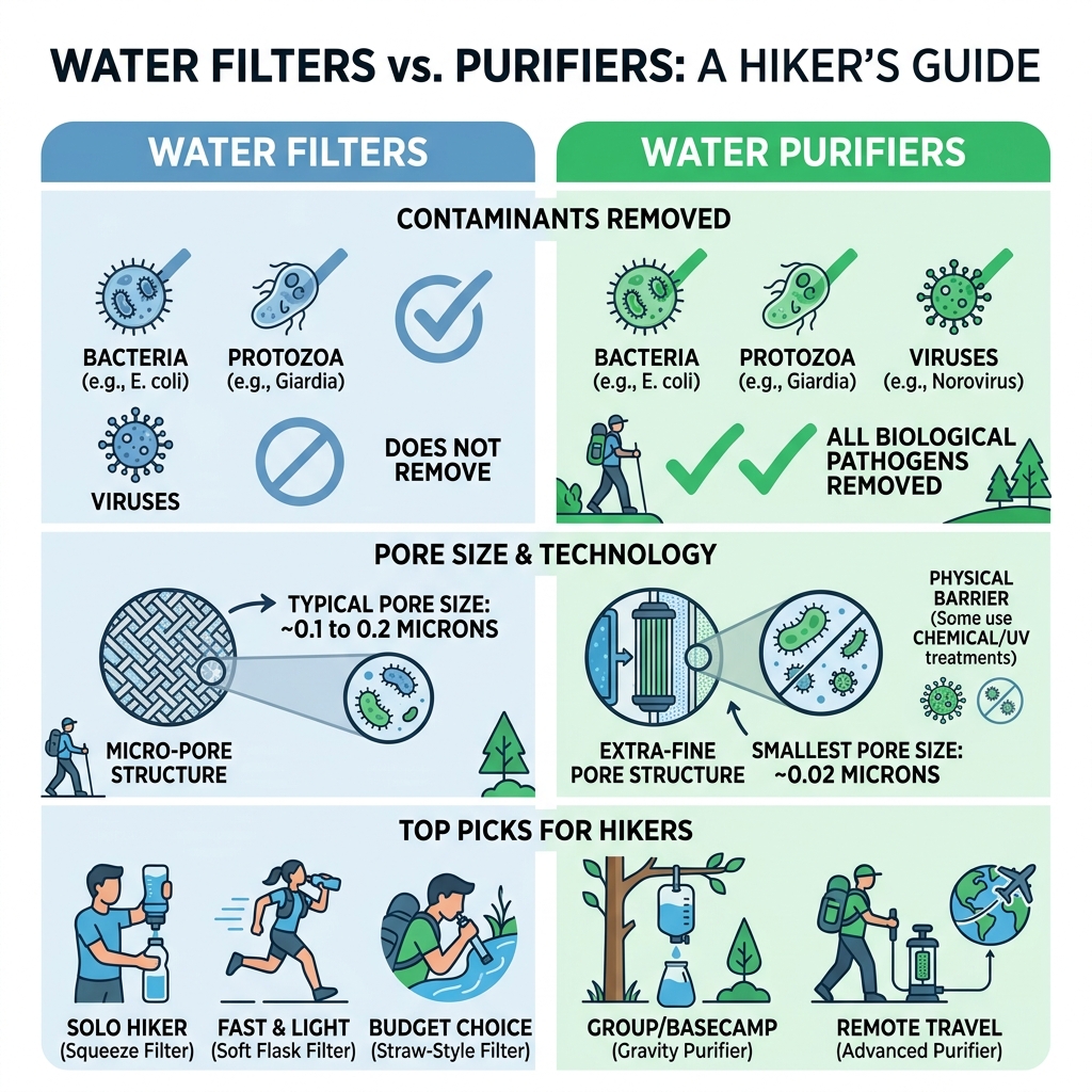 Infographic comparing water filters vs purifiers: contaminants removed, pore sizes, and top picks for hikers - best portable Infographic comparing water filters vs purifiers: contaminants removed, pore sizes, and top picks for hikers - best portable