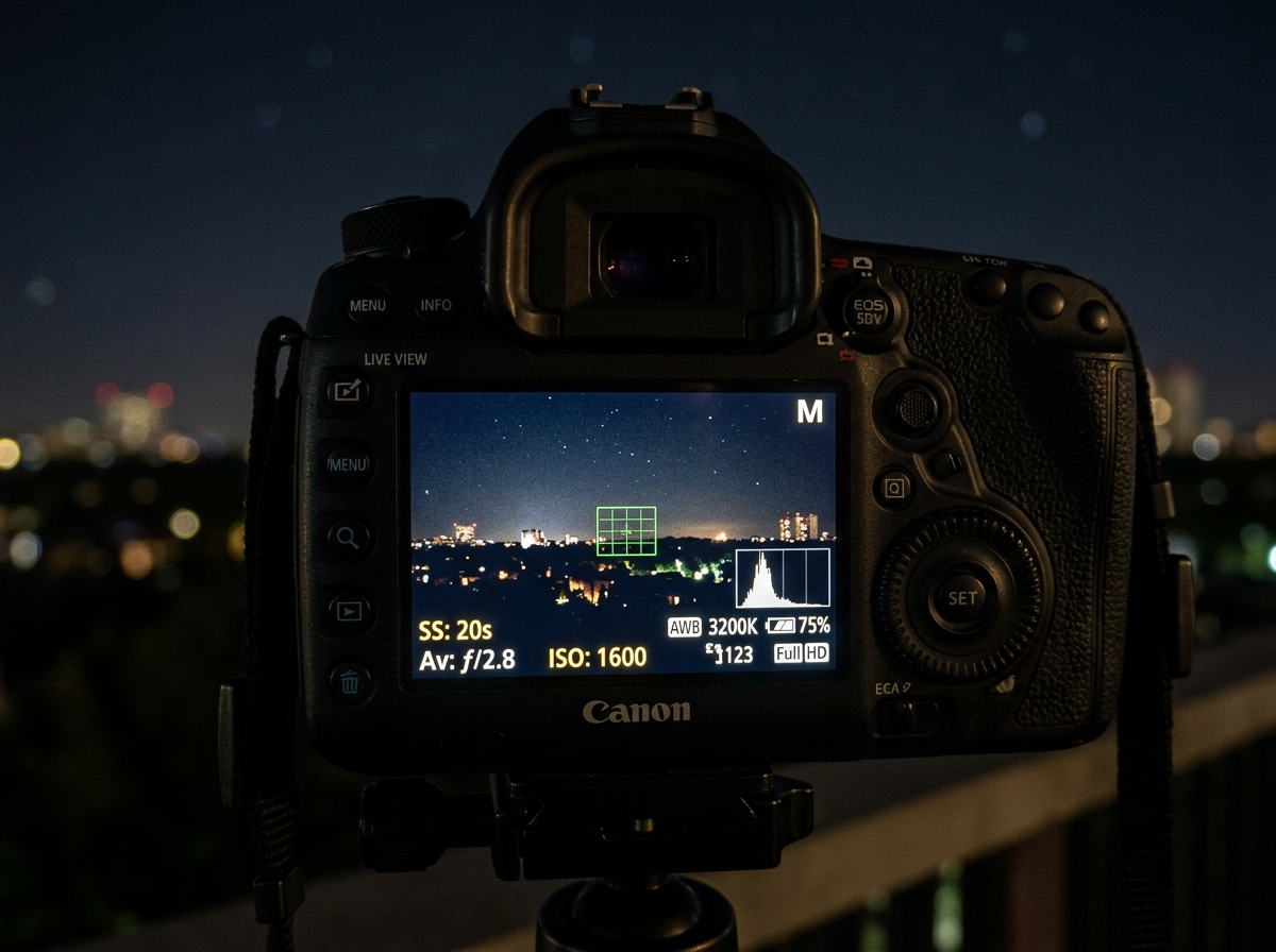 Camera LCD screen showing manual settings for night photography including ISO 1600 and 20 second exposure - remote shutter