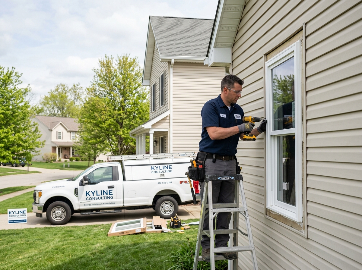A professional contractor installing energy-efficient windows on a residential home in Central Ohio. The house has clean
