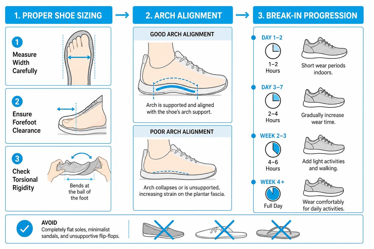diagram of proper shoe sizing, arch alignment, and break-in progression diagram of proper shoe sizing, arch alignment, and break-in progression