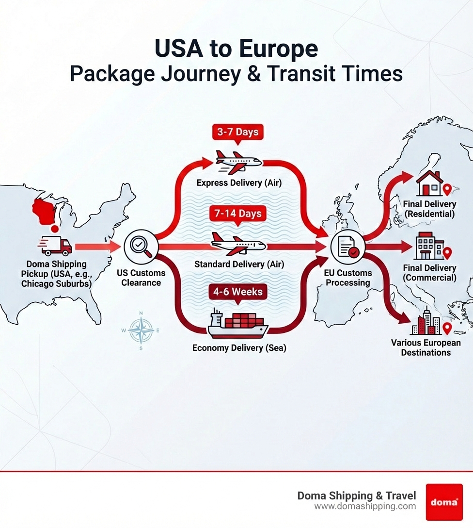 Infographic illustrating the journey of an international package from a Doma Shipping pickup point in the USA (e.g., Chicago suburbs) through customs clearance, air or sea transport across the Atlantic to European customs processing, and final delivery to various European destinations, with typical timeframes labeled for express (3-7 days), standard (7-14 days), and economy (4-6 weeks) shipping options - how long time send a package from usa to europe infographic Infographic illustrating the journey of an international package from a Doma Shipping pickup point in the USA (e.g., Chicago suburbs) through customs clearance, air or sea transport across the Atlantic to European customs processing, and final delivery to various European destinations, with typical timeframes labeled for express (3-7 days), standard (7-14 days), and economy (4-6 weeks) shipping options - how long time send a package from usa to europe infographic
