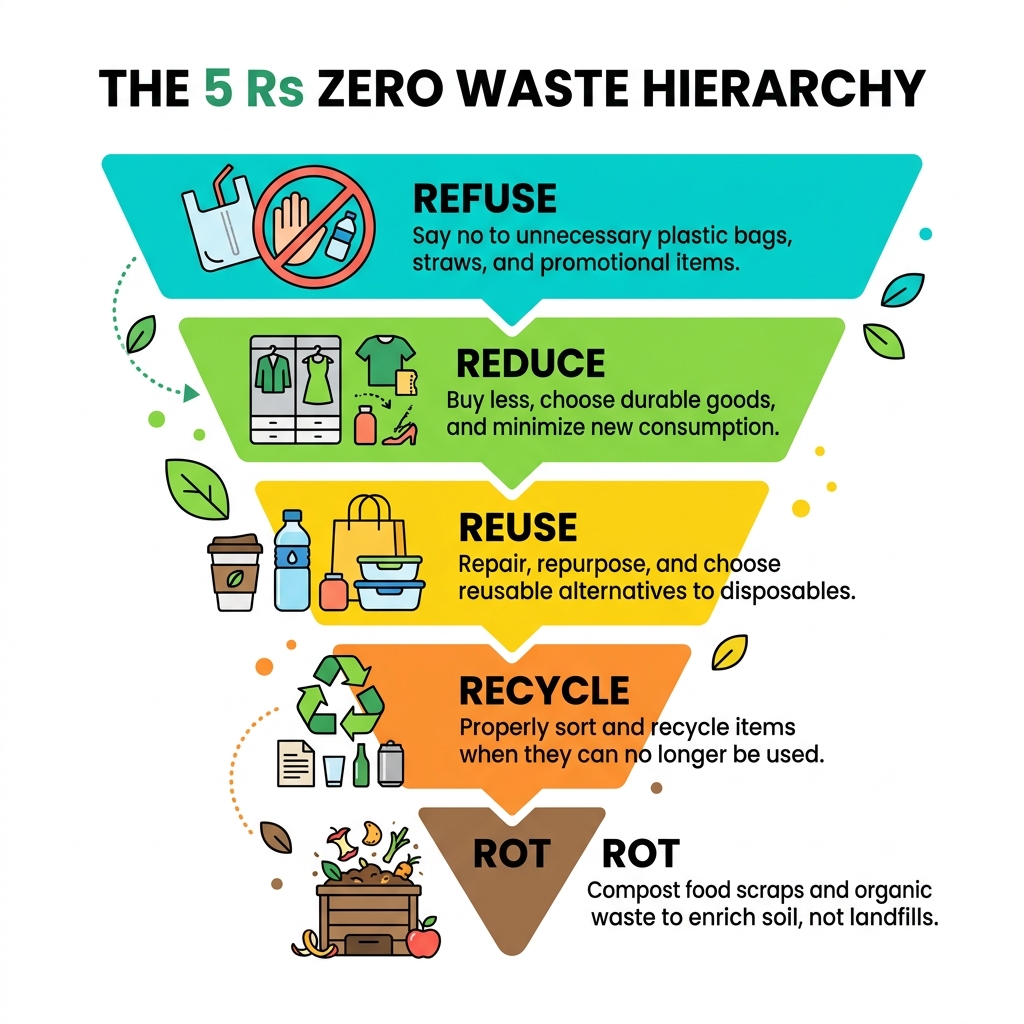 5 Rs zero waste hierarchy: Refuse, Reduce, Reuse, Recycle, Rot with brief descriptions - zero waste lifestyle tips 5 Rs zero waste hierarchy: Refuse, Reduce, Reuse, Recycle, Rot with brief descriptions - zero waste lifestyle tips