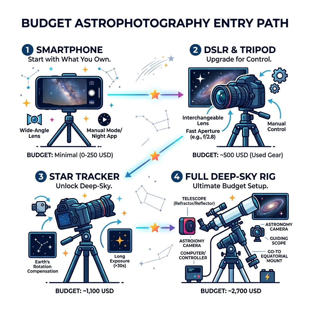 Budget astrophotography entry path from smartphone to full deep-sky rig - budget astrophotography infographic Budget astrophotography entry path from smartphone to full deep-sky rig - budget astrophotography infographic