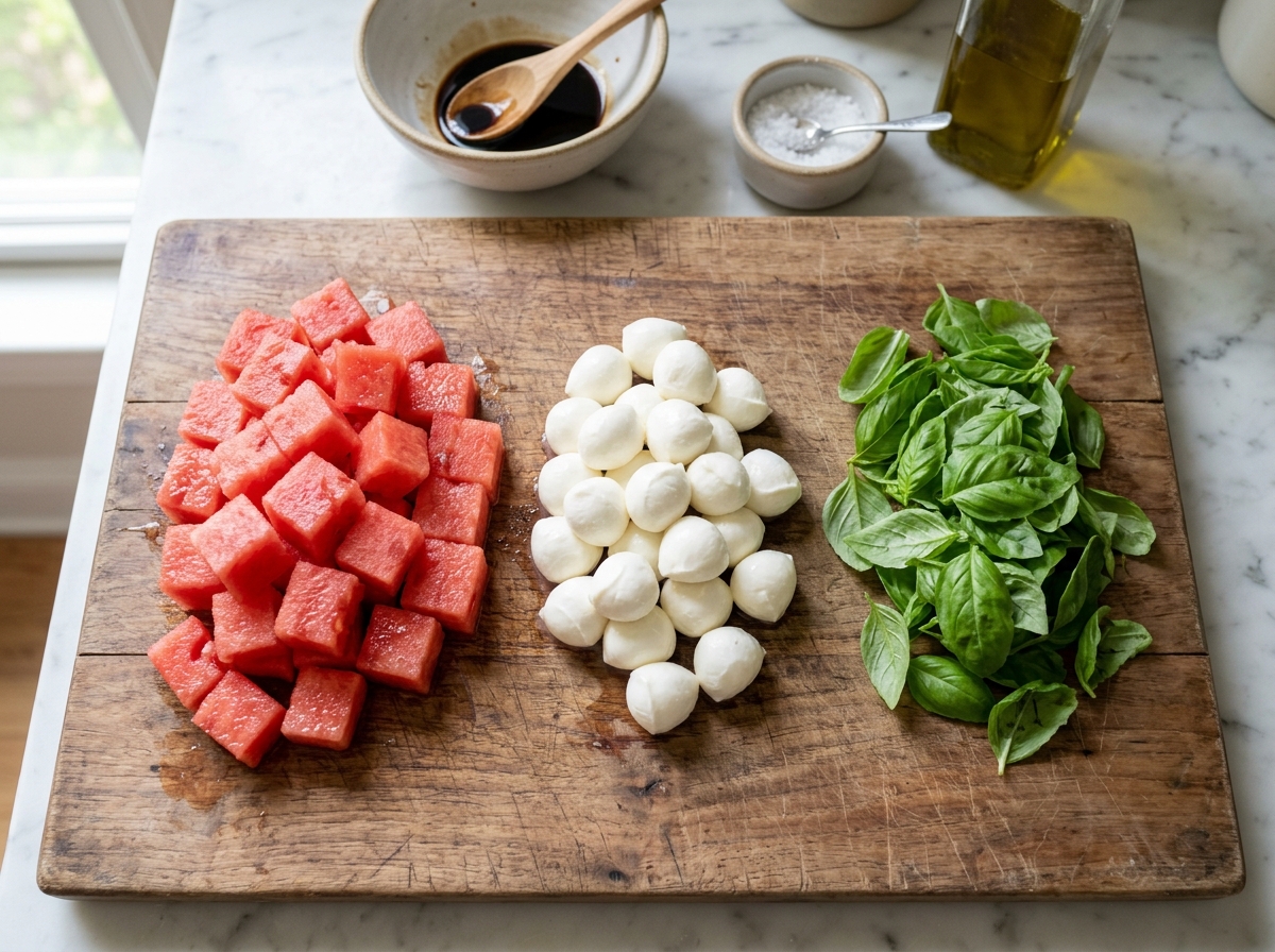 Fresh ingredients prepped for assembly: cubed watermelon, mozzarella pearls, and basil leaves - watermelon caprese skewers Fresh ingredients prepped for assembly: cubed watermelon, mozzarella pearls, and basil leaves - watermelon caprese skewers