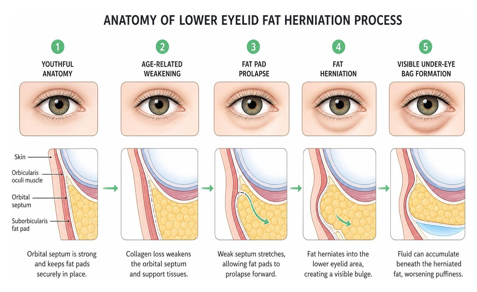 Anatomy of lower eyelid fat herniation process Anatomy of lower eyelid fat herniation process
