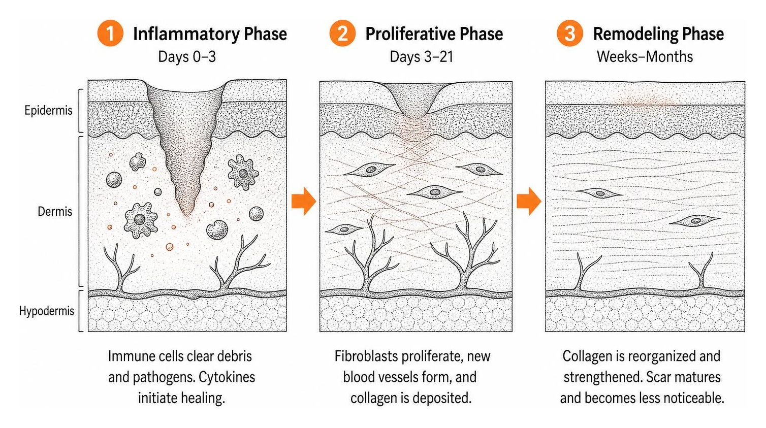 stippled illustration of the three phases of wound healing in a skin cross-section stippled illustration of the three phases of wound healing in a skin cross-section