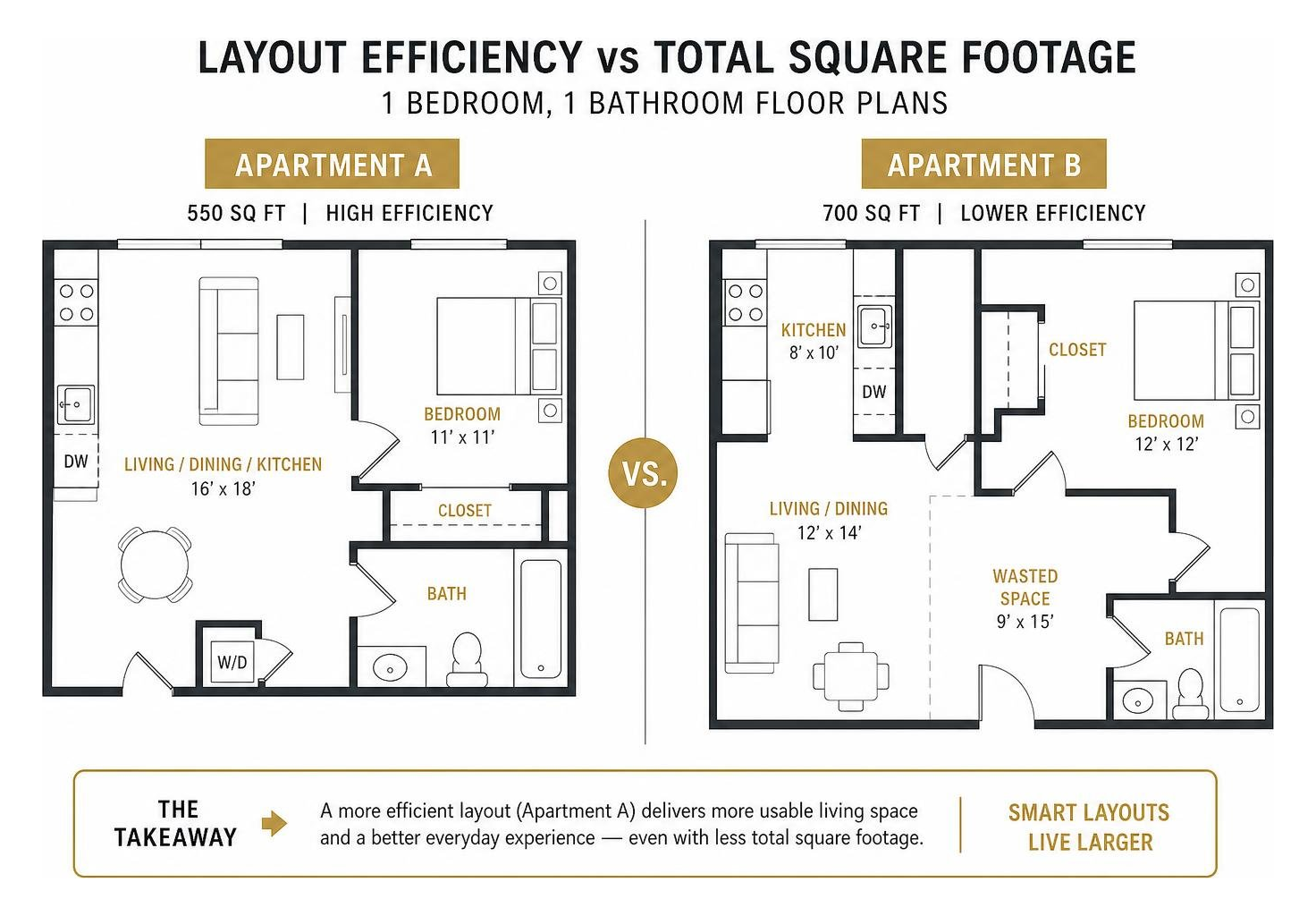 diagram illustrating layout efficiency vs total square footage in a single bedroom floor plan