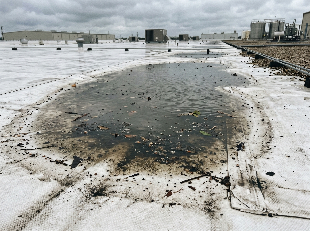 Ponding water on a TPO membrane - Industrial roof leak repair