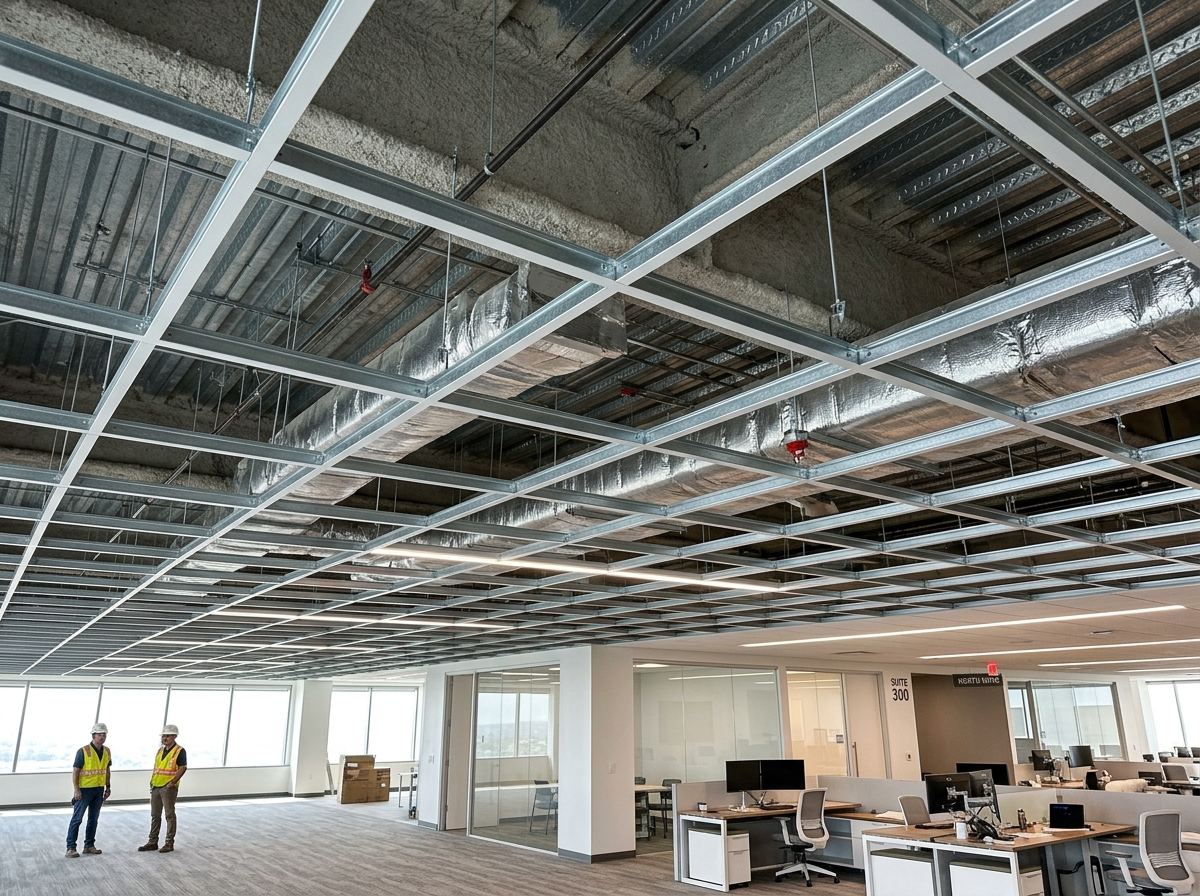 Professional photo of galvanized steel main runners and cross tees installed in a commercial space - grid ceiling materials Professional photo of galvanized steel main runners and cross tees installed in a commercial space - grid ceiling materials
