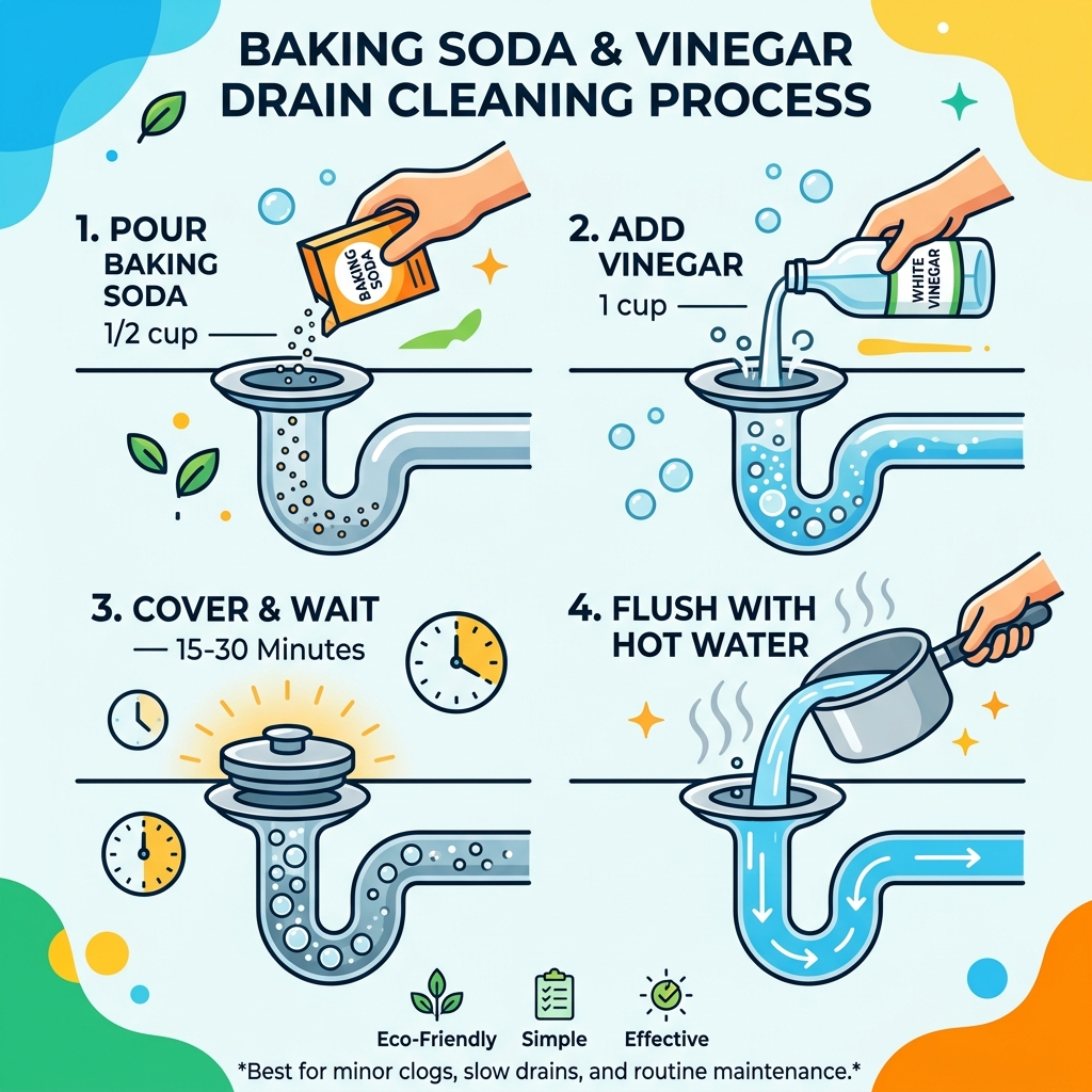 Step-by-step baking soda and vinegar drain cleaning process infographic - baking soda drain cleaner infographic Step-by-step baking soda and vinegar drain cleaning process infographic - baking soda drain cleaner infographic