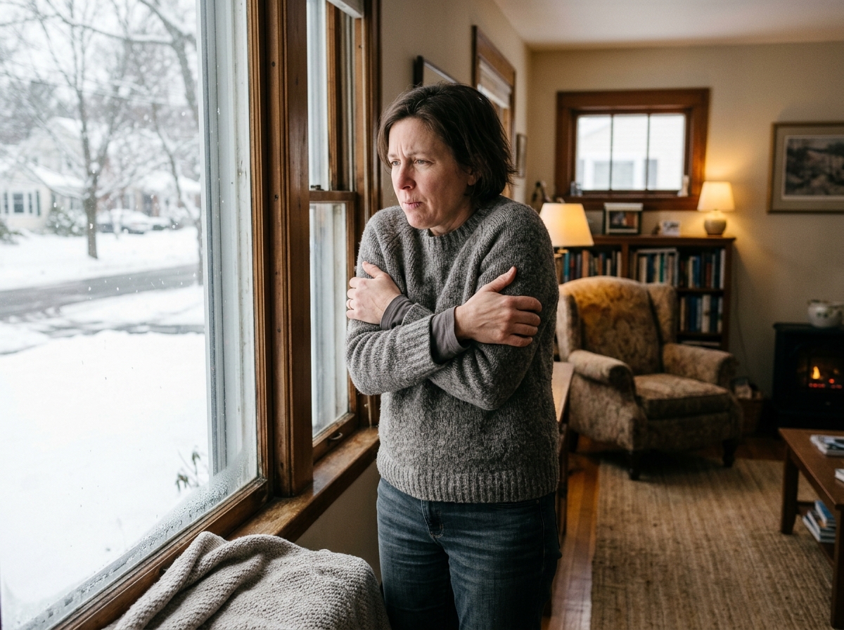 A homeowner feeling a draft near a window - plastic window covering A homeowner feeling a draft near a window - plastic window covering