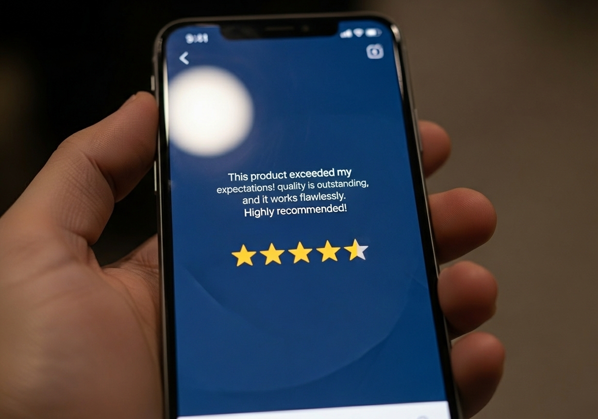 5-star review on a smartphone - Family law leads Hand holding smartphone displaying a five-star review with text praising product quality and recommending it, relevant to building trust for family law firms.