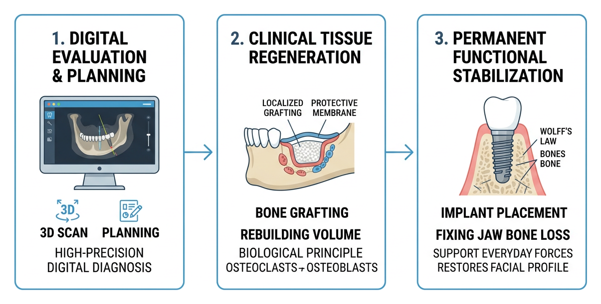 Diagram showing the 3-step sequence of mapping grafting and implant stabilization
