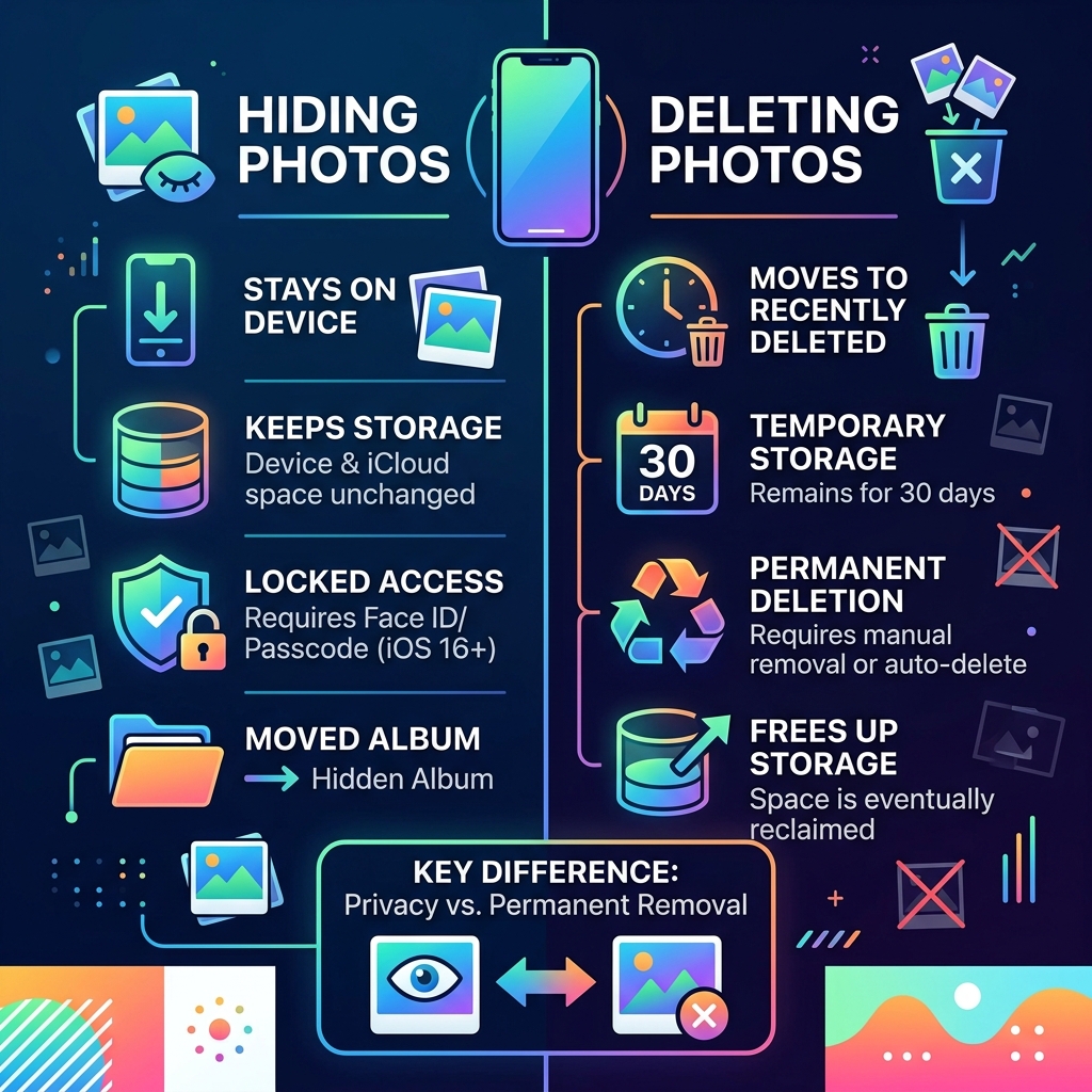 Infographic comparing hiding vs deleting photos on iPhone with key differences in storage and privacy - remove hidden photos