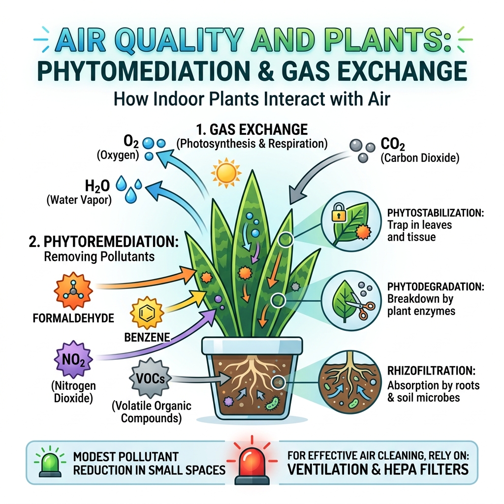 Infographic explaining phytoremediation process and gas exchange in indoor plants - air quality and plants infographic 