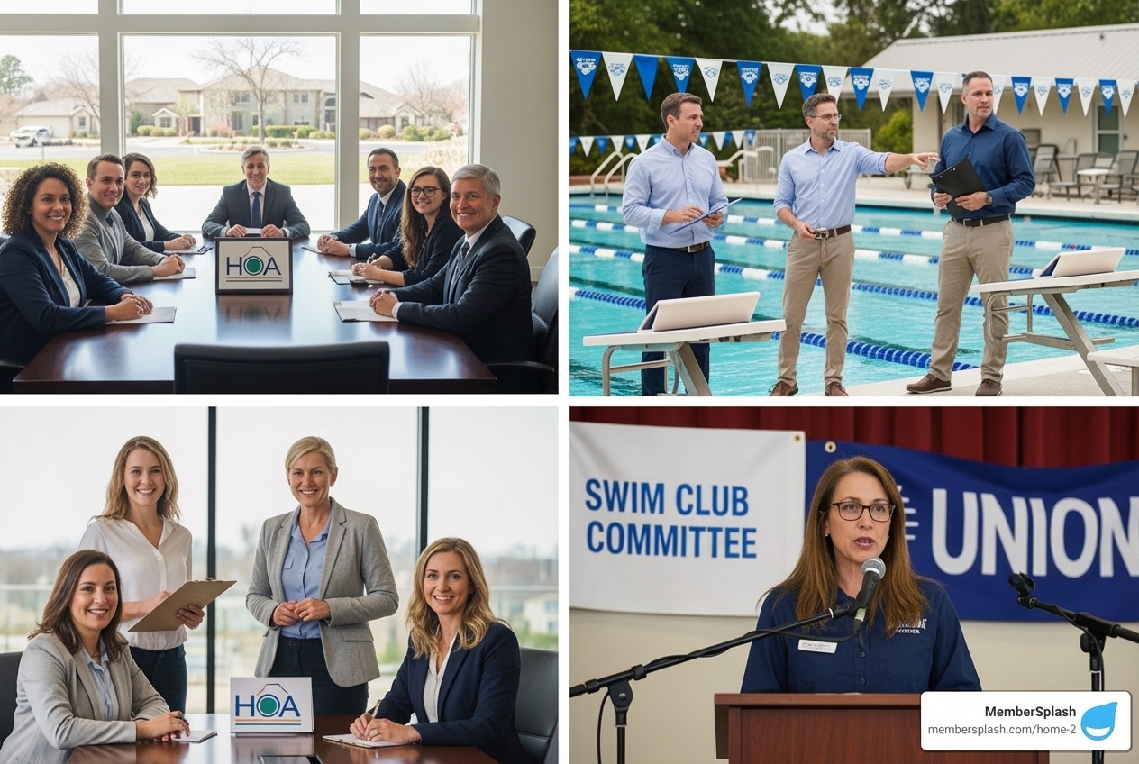 Image depicting an HOA board, a swim club committee, and a union representative, all looking confident and organized, implying the software benefits various organization types - Dues collection software