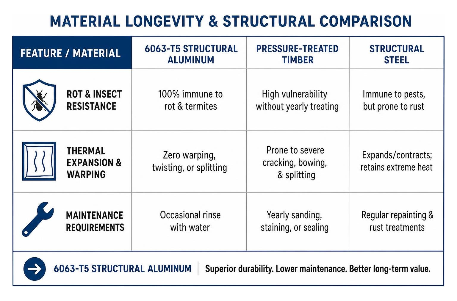 Material longevity and structural comparison chart Material longevity and structural comparison chart
