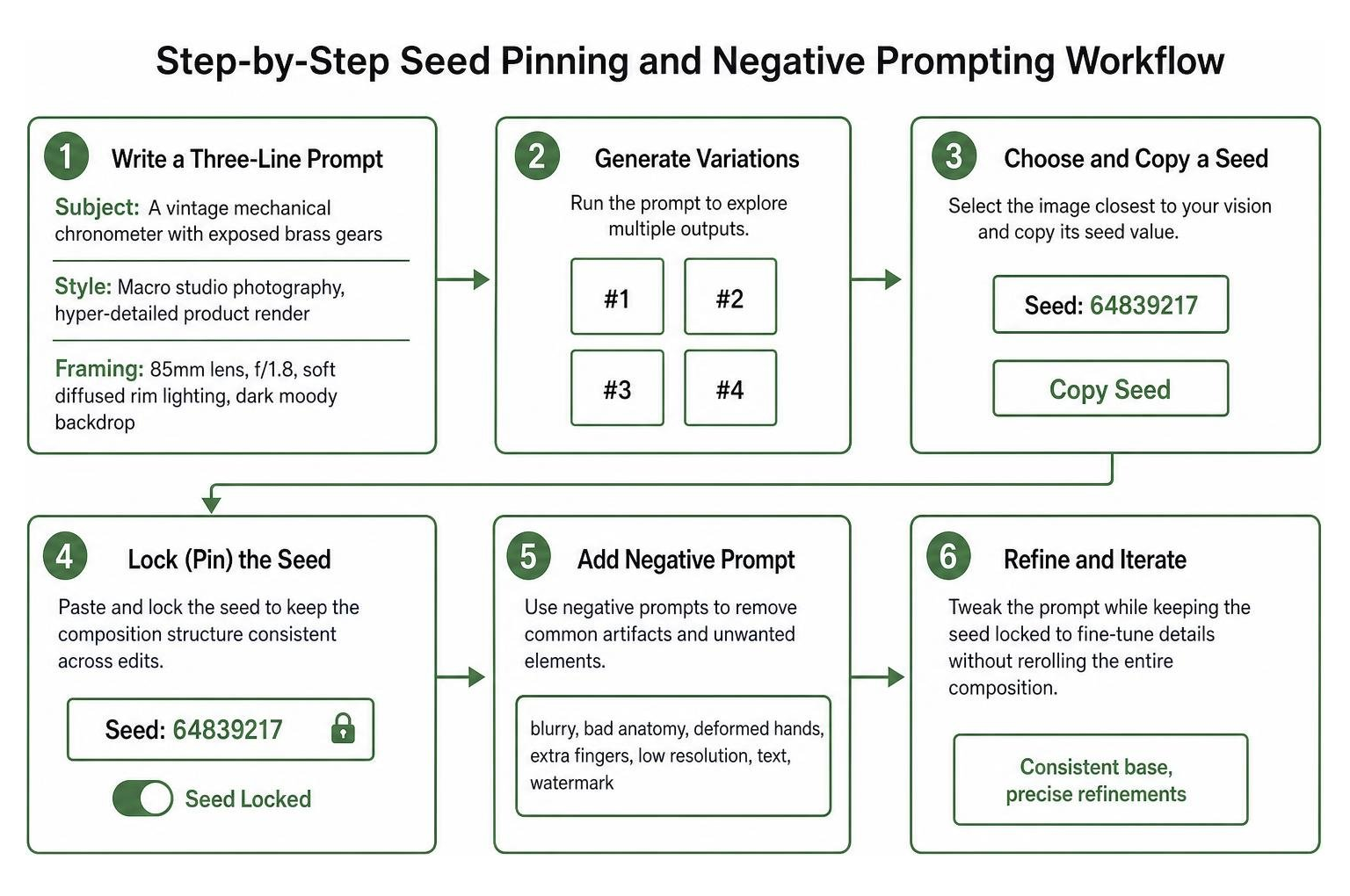 Step-by-step seed pinning and negative prompting workflow