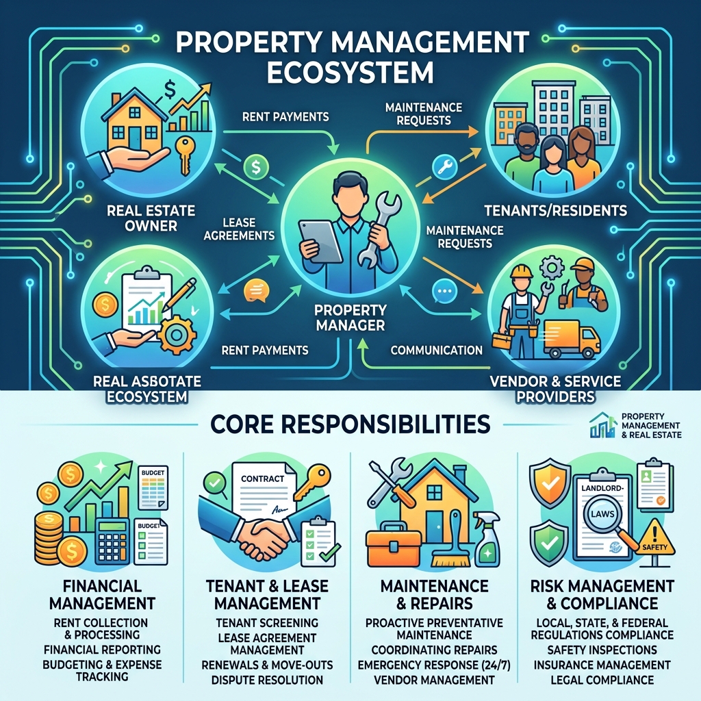 Infographic explaining the property management ecosystem and core responsibilities - Property Management and Real Estate
