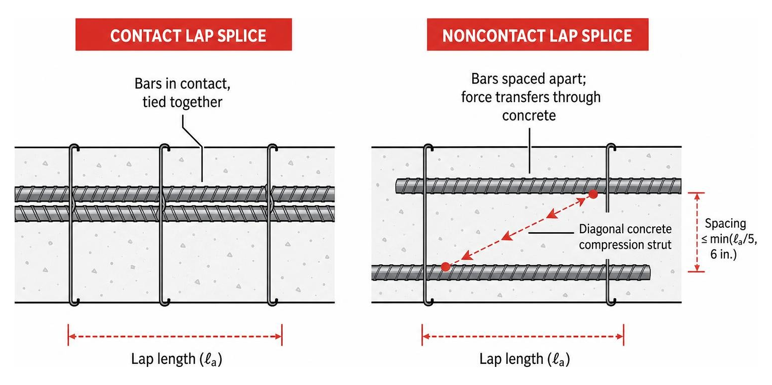 Lap splice detail showing contact versus noncontact bar arrangement