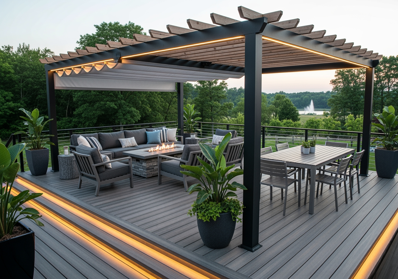 A modern composite deck with an integrated pergola and outdoor furniture - backyard renovation projects
