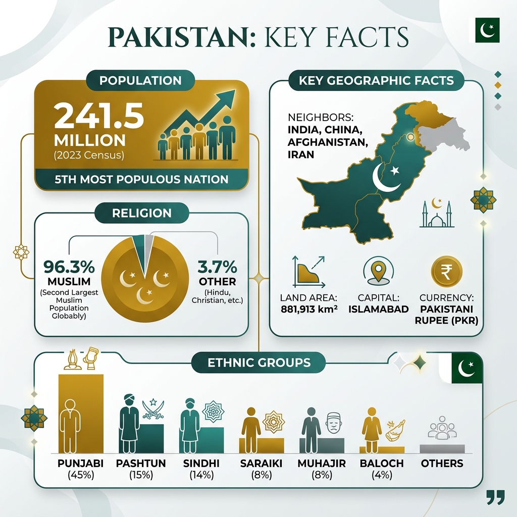 Infographic showing Pakistan's population, ethnic groups, religion breakdown, and key geographic facts - pakistan