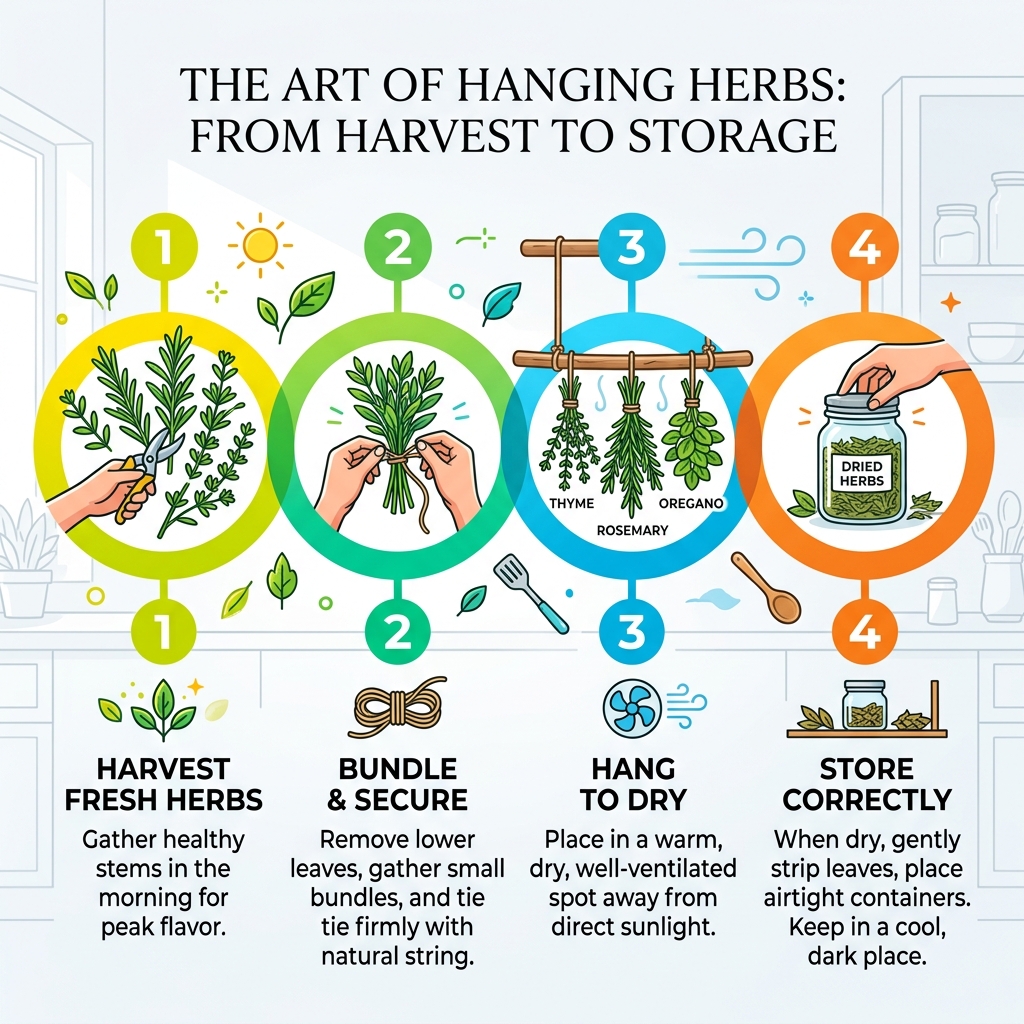 Timeline infographic showing herb hanging process from harvest to storage in 4 steps - hanging herbs in kitchen infographic 