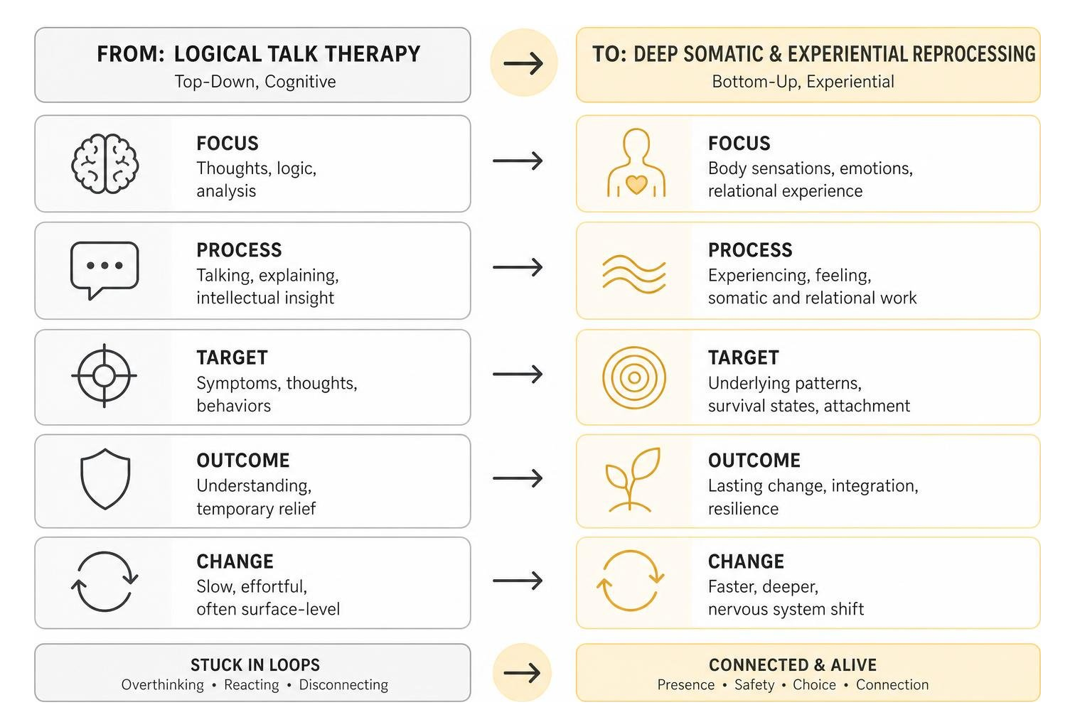 Diagram showing the shift from logical talk therapy to deep somatic and experiential reprocessing Diagram showing the shift from logical talk therapy to deep somatic and experiential reprocessing