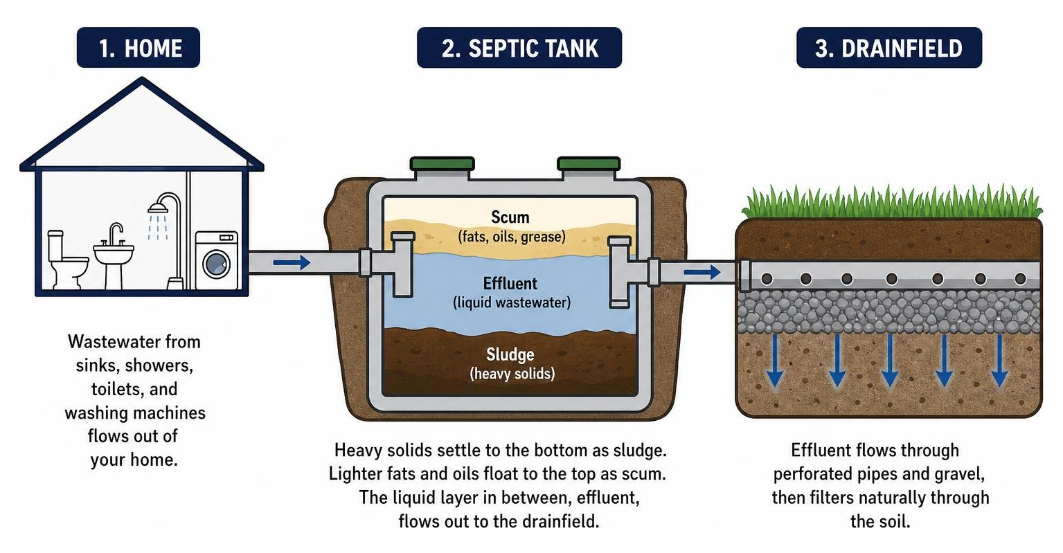 Diagram illustrating wastewater flow from house through septic tank to drainfield