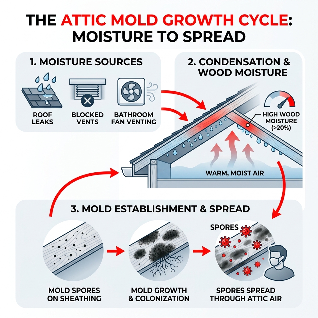 Attic mold growth cycle showing moisture sources, condensation, and mold spread on roof sheathing - black mold in attic Attic mold growth cycle showing moisture sources, condensation, and mold spread on roof sheathing - black mold in attic