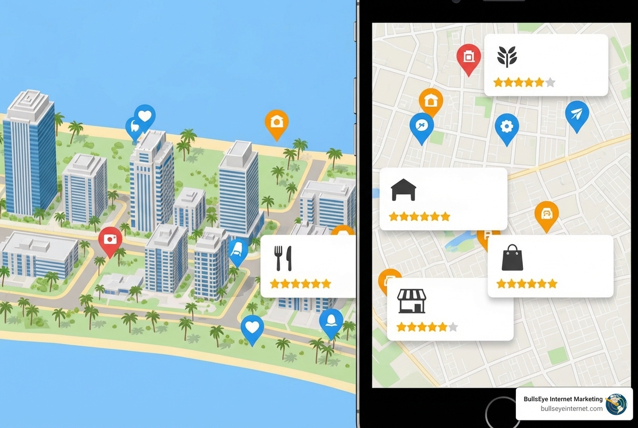 Map illustration of Miami with various location markers and ratings, emphasizing local SEO strategies for businesses to connect with nearby customers.