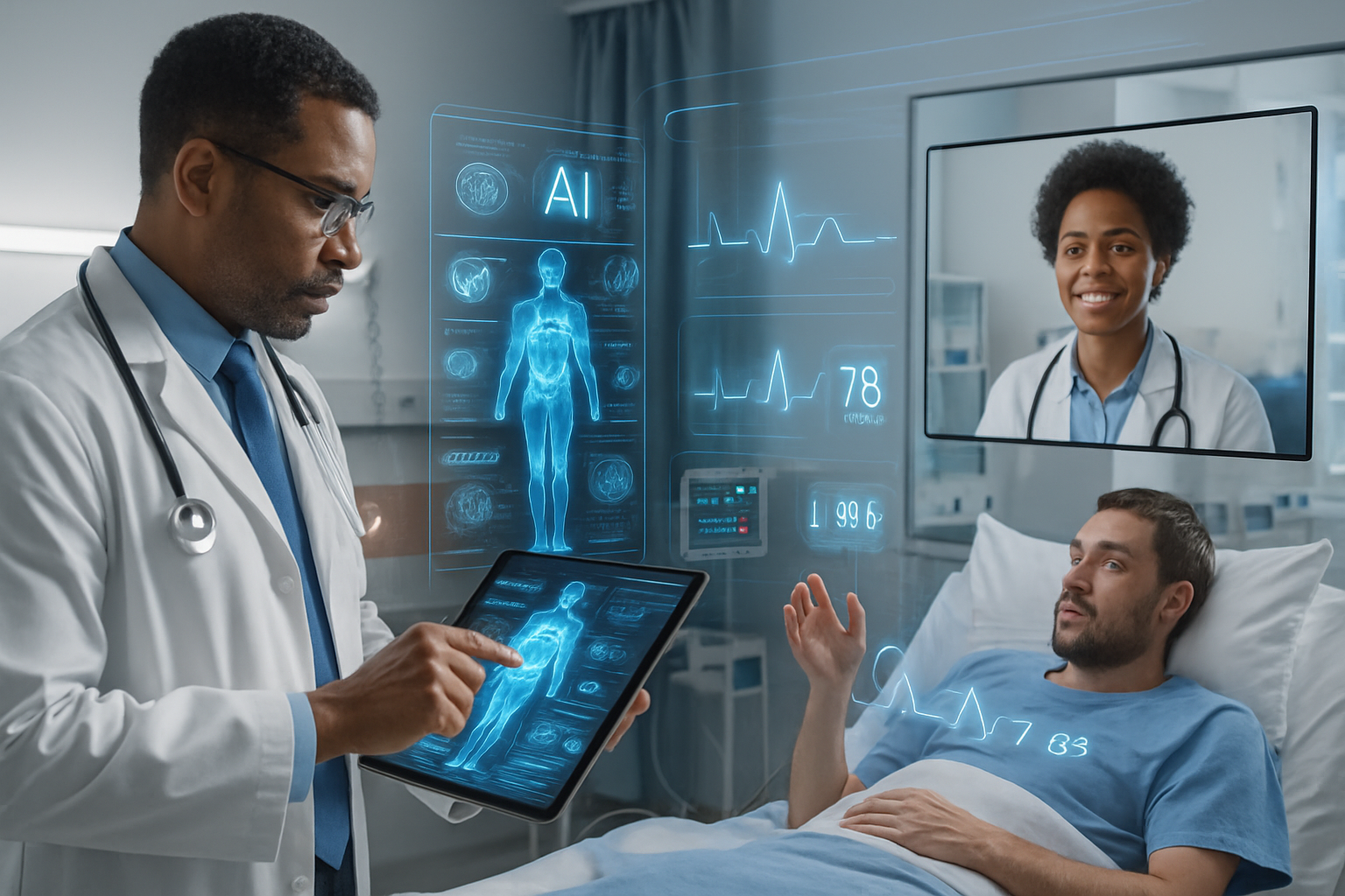 futuristic medical technology with AI diagnostics and telemedicine - medical malpractice lawyer florida