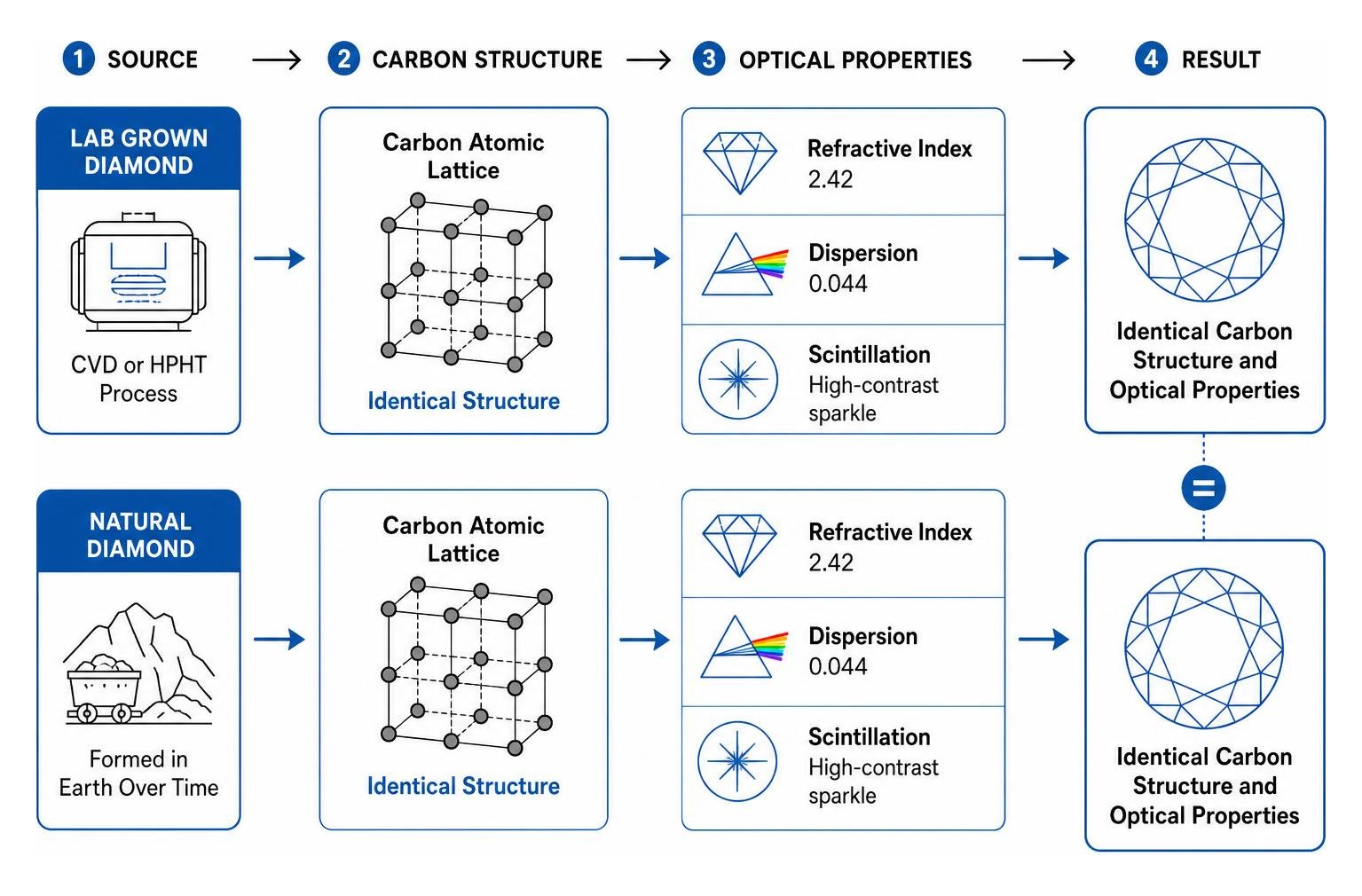 Process comparing carbon structure and optical properties of lab vs natural diamonds