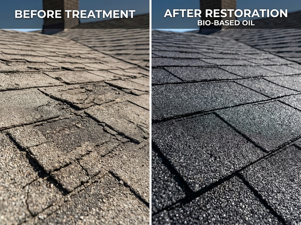 Close-up of asphalt shingles before and after bio-based oil treatment showing restored color and texture - Roof restoration Close-up of asphalt shingles before and after bio-based oil treatment showing restored color and texture - Roof restoration
