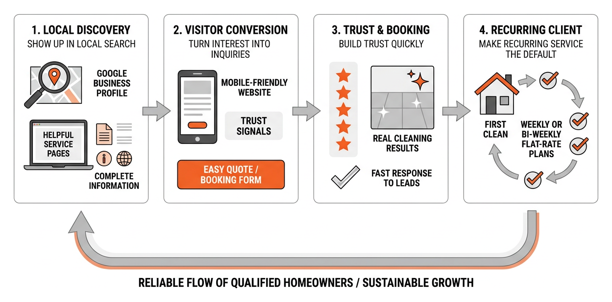 Residential cleaning client journey from digital discovery to repeat cleanings Residential cleaning client journey from digital discovery to repeat cleanings