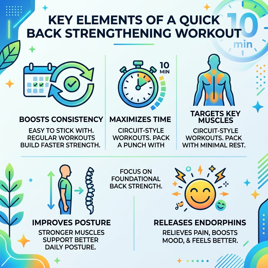 Key elements of a quick back strengthening workout - 10 min back workout infographic 