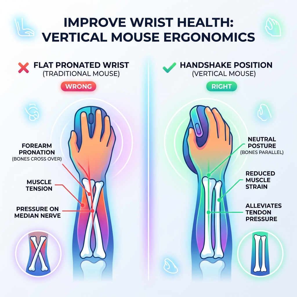 Infographic showing handshake wrist position vs flat pronated wrist position with vertical mouse ergonomic benefits Infographic showing handshake wrist position vs flat pronated wrist position with vertical mouse ergonomic benefits